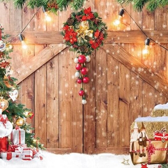 📌LTLYH 8x6ft Christmas Barn Backdrop Xmas Snow Gift Wall Party Photo Backdrop - Picture 1 of 5